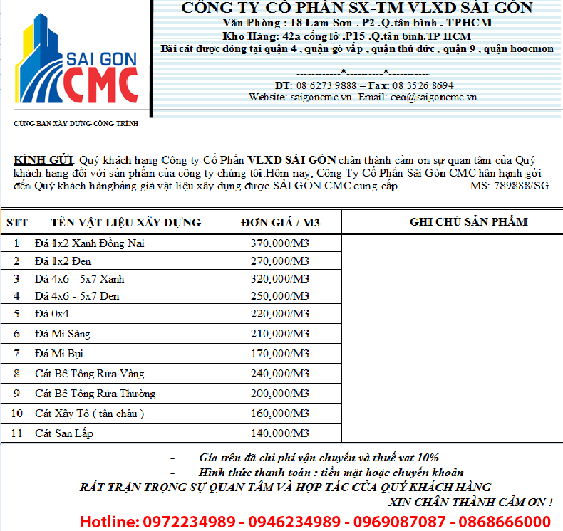 Báo giá cát xây dựng tại quận 10 Tphcm, Bảng báo giá cát xây dựng, bang bao gia cat xay dung